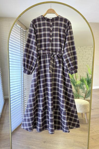 Robalı Ekose Elbise Kahverengi - Lacivert