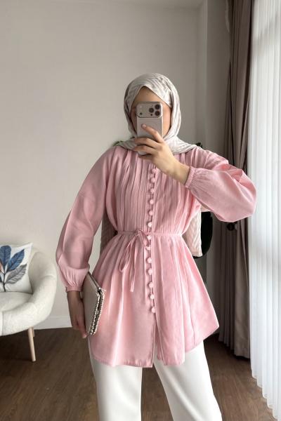 Brit Düğmeli Nervürlü Gömlek Pudra