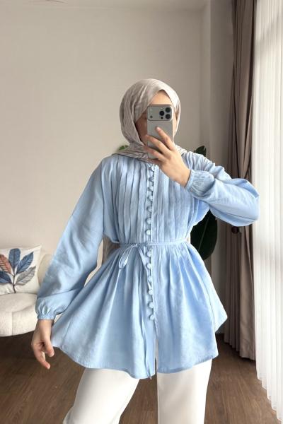 Brit Düğmeli Nervürlü Gömlek Bebe Mavisi