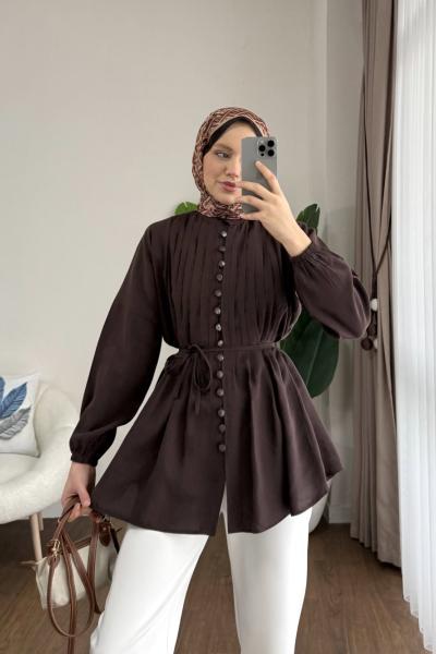 Brit Düğmeli Nervürlü Gömlek Acı Kahve