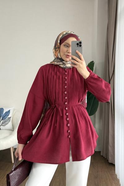 Brit Düğmeli Nervürlü Gömlek Bordo