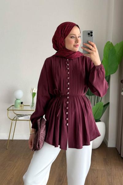 Brit Düğmeli Nervürlü Gömlek Bordo