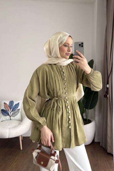 Brit Düğmeli Nervürlü Gömlek Yeşil