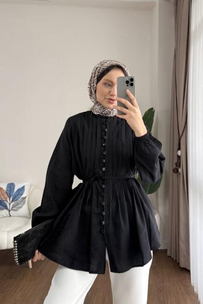 Brit Düğmeli Nervürlü Gömlek Siyah