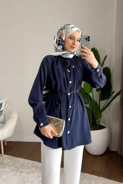 Yaka Bağcıklı Salaş Tunik Lacivert