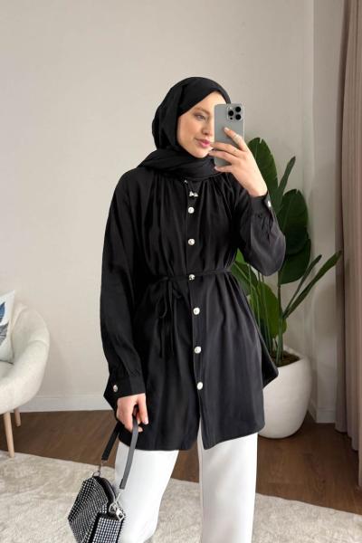 Yaka Bağcıklı Salaş Tunik Siyah