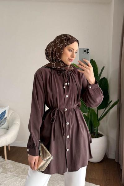Yaka Bağcıklı Salaş Tunik Kahverengi