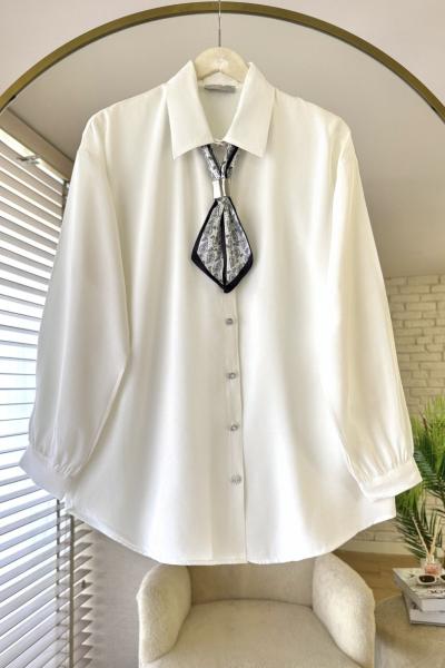 Fularlı Basic Gömlek Beyaz