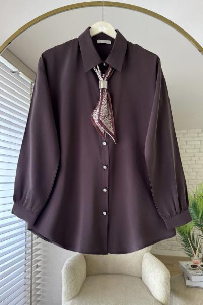 Fularlı Basic Gömlek Kahverengi