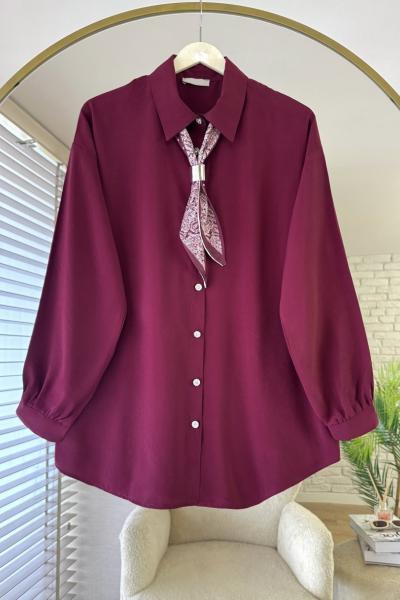 Fularlı Basic Gömlek Bordo