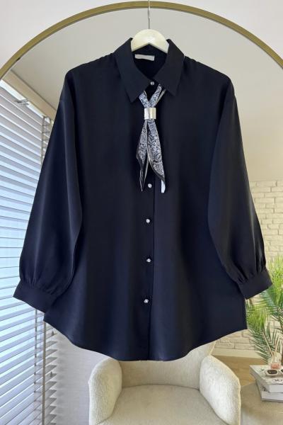 Fularlı Basic Gömlek Siyah