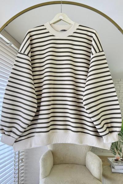 Çizgili Oversize Sweatshirt Haki