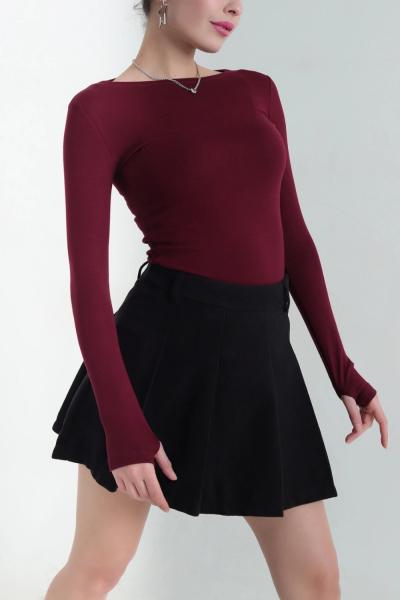 Kayık Yaka Parmak Geçmeli Body Bordo