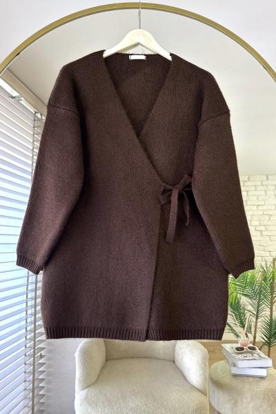 Yandan Bağlamalı Triko Hırka Acı Kahve