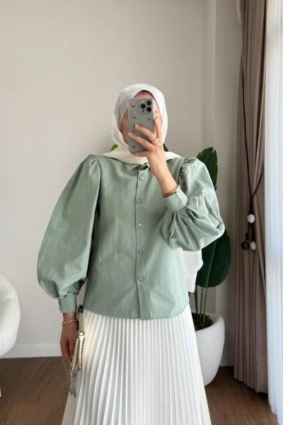 Balon Kol Kısa Gömlek Açık Yeşil
