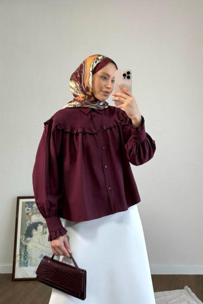 Fırfırlı Kısa Gömlek Bordo