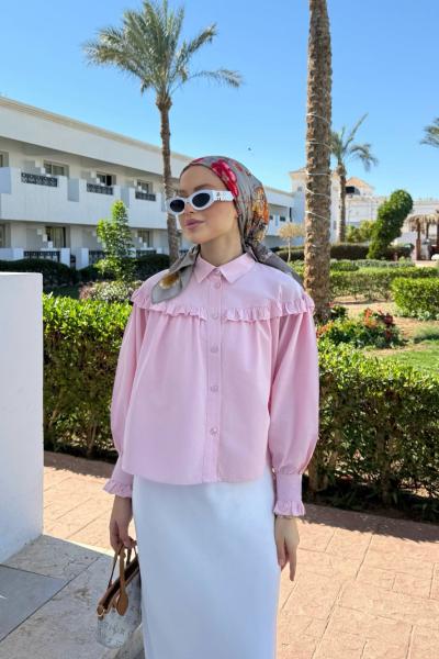 Fırfırlı Kısa Gömlek Şeker pembesi