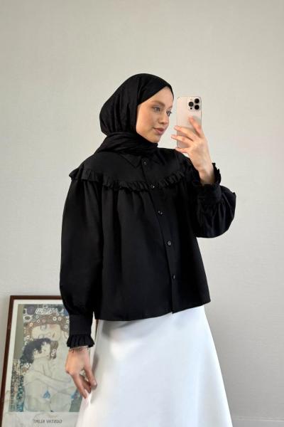 Fırfırlı Kısa Gömlek Siyah