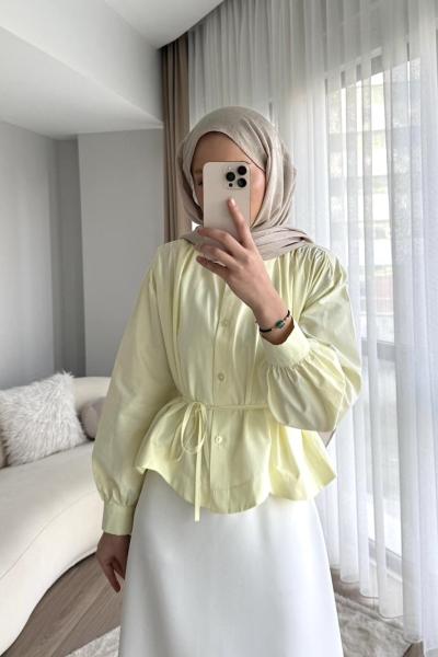 Omuzu Pileli Oversize Kısa Gömlek Sarı