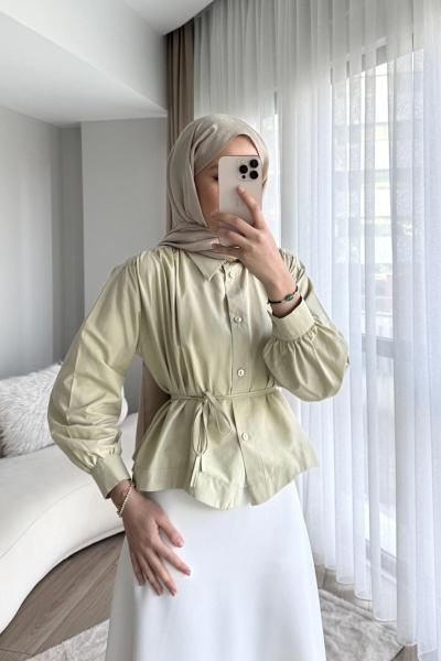 Omuzu Pileli Oversize Kısa Gömlek Açık Yeşil