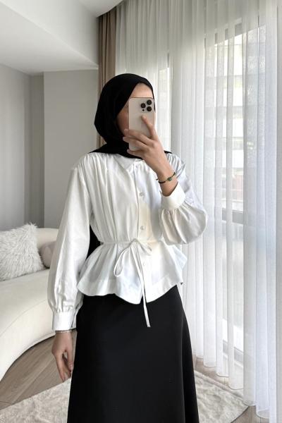 Omuzu Pileli Oversize Kısa Gömlek Ekru