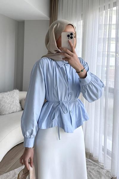 Omuzu Pileli Oversize Kısa Gömlek Bebe Mavisi