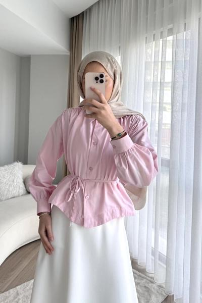 Omuzu Pileli Oversize Kısa Gömlek Şeker pembesi