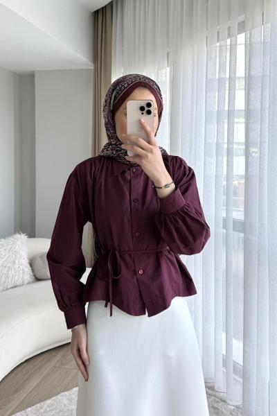 Omuzu Pileli Oversize Kısa Gömlek Bordo