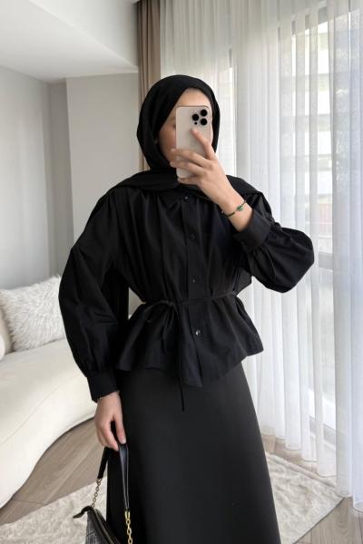 Omuzu Pileli Oversize Kısa Gömlek Siyah