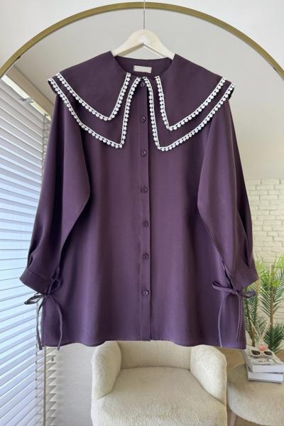 Çift Yaka Dantelli Gömlek Mürdüm