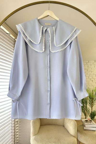 Çift Yaka Dantelli Gömlek Bebe Mavisi