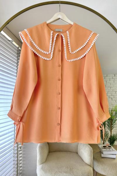 Çift Yaka Dantelli Gömlek Kavun içi