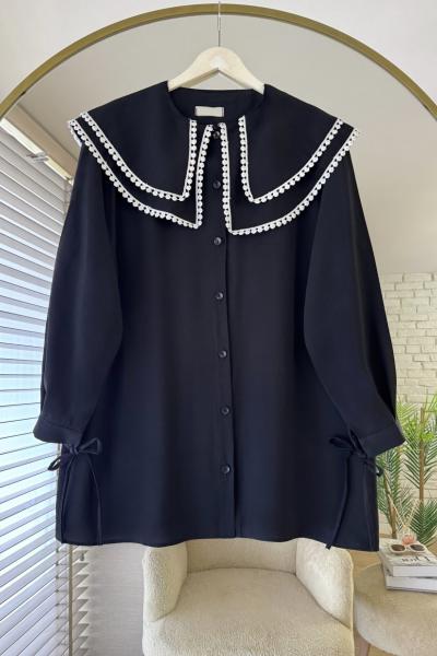 Çift Yaka Dantelli Gömlek Siyah