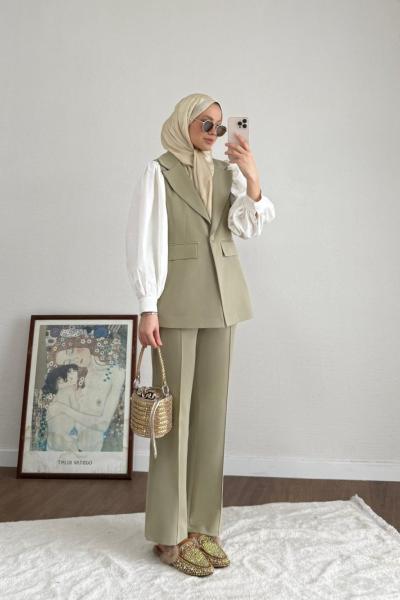 Tek Düğmeli Yelekli Takım Yeşil