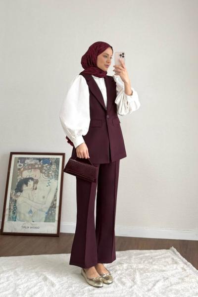 Tek Düğmeli Yelekli Takım Mürdüm