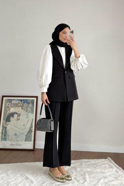 Tek Düğmeli Yelekli Takım Siyah