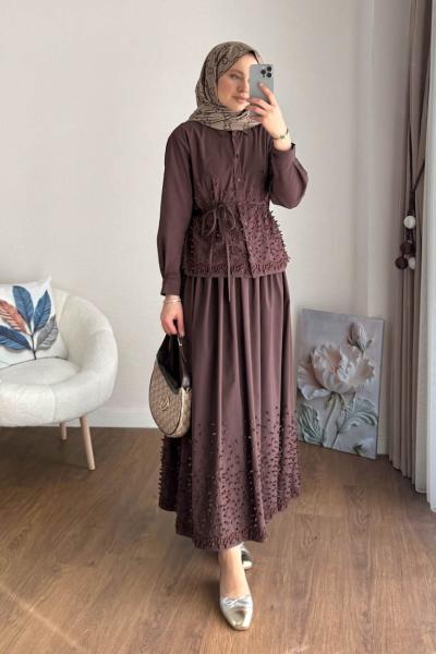 Sarmaşık Etekli Takım Koyu Kahverengi