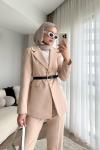 Kemerli Double Ceketli Takım Bej