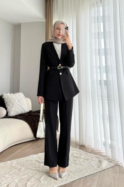 Kemerli Double Ceketli Takım Siyah