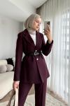 Kemerli Double Ceketli Takım Mürdüm