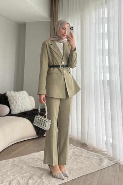 Kemerli Double Ceketli Takım Yeşil