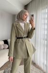 Kemerli Double Ceketli Takım Yeşil