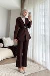 Kemerli Double Ceketli Takım Koyu Kahverengi