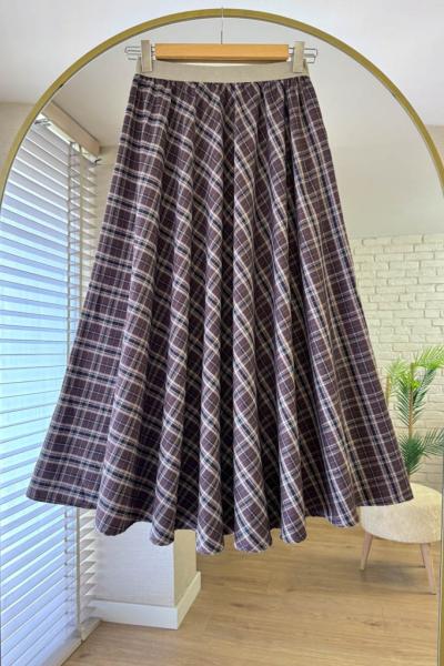 Beli Lastikli Mevlana Ekose Etek Kahverengi