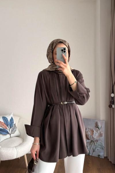 Önü Pensli Kemerli Gömlek Kahverengi