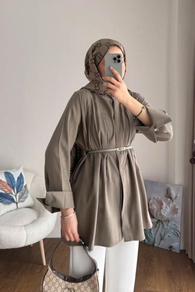 Önü Pensli Kemerli Gömlek Haki