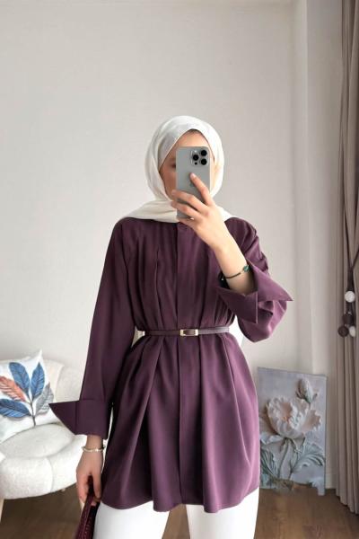 Önü Pensli Kemerli Gömlek Mürdüm