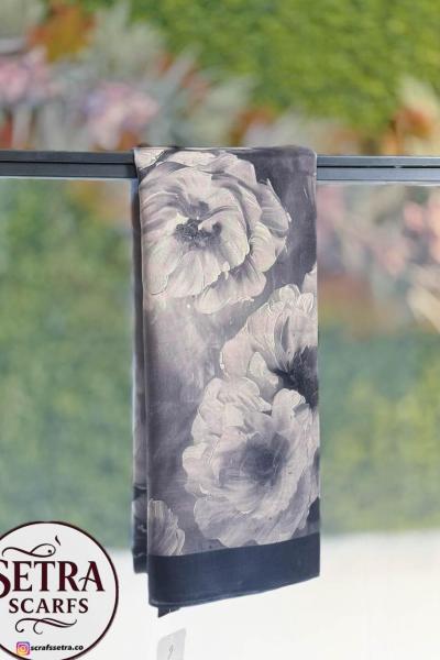 Çiçek Desenli Şal Siyah Gri