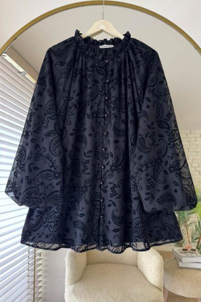 Şal Desen Floklu Gömlek Siyah