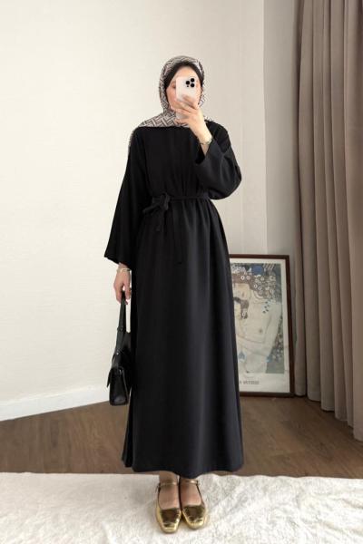 Kuşaklı Tensel Elbise Siyah